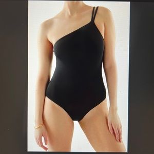 COS Store one-shoulder swimsuits in black